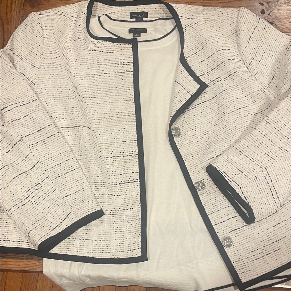 Ann Taylor Cream Tweed Jacket with Black Trim